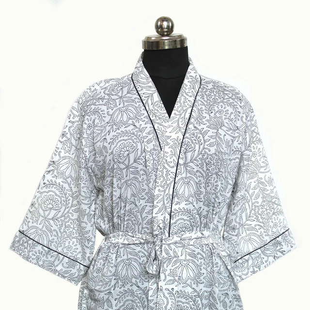 Floral Print Cotton Kimono Robe Dressing Gown, Hand Block Print Bridesmaid Dress