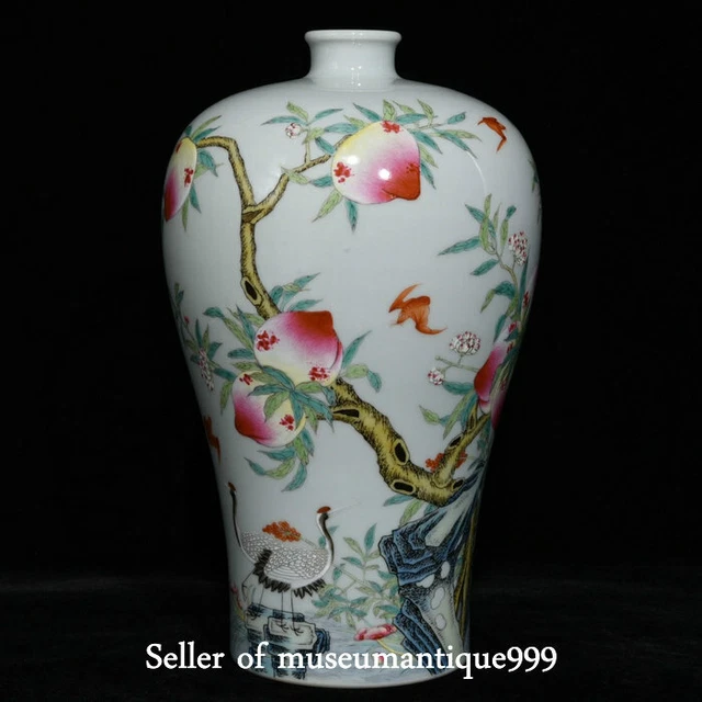 10" Yongzheng famille rose Porcelain Qing Dynasty Cranes Peach Plum Bottle Vase