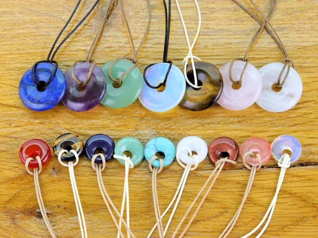 Natural Quartz Crystal Healing Gemstone Donut Pendant Cord Choker Necklace