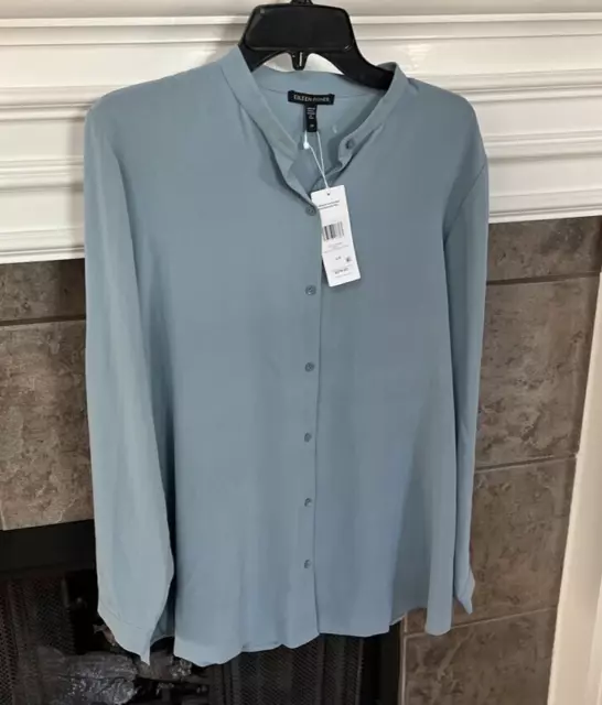 NWT Eileen Fisher BlueSteel Silk Georgette Crepe Mandarin Collar Shirt Size S