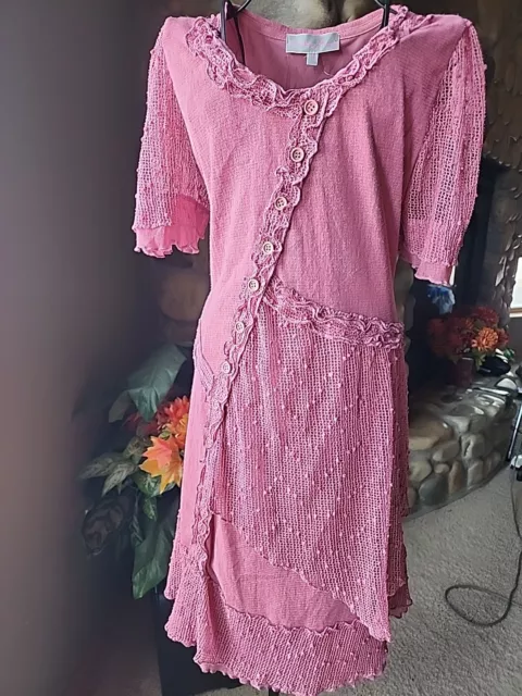 Pretty Angel Orchid / Pink Sweater Dress Ruffles Lace Layered Sz M Boho Style