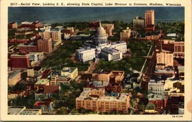 Aerial View State Capital Lake Monona Madison Wisconsin Vintage Postcard