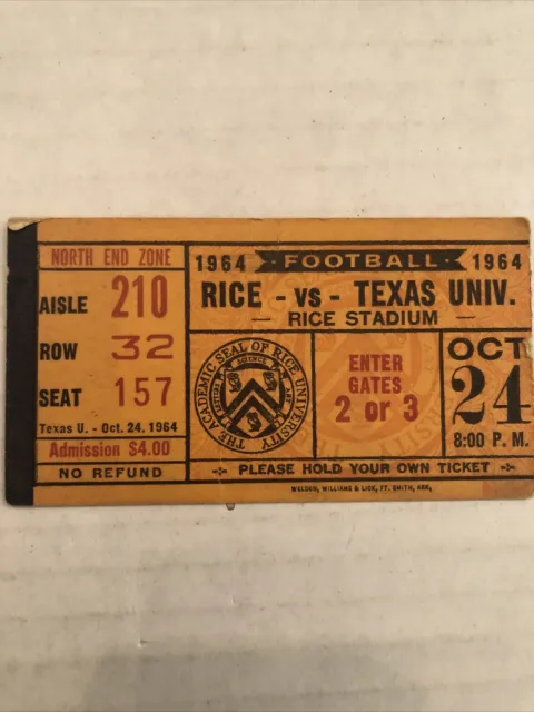 Vintage Texas Longhorns Football Ticket  VS Rice Owls Oct 24, 1964