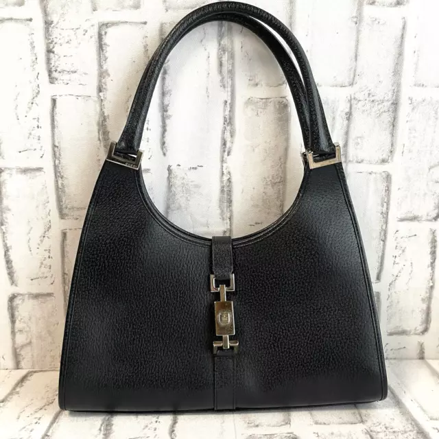 "LANK AA" Gucci Shoulder Bag Jackie Leather Black Authentic