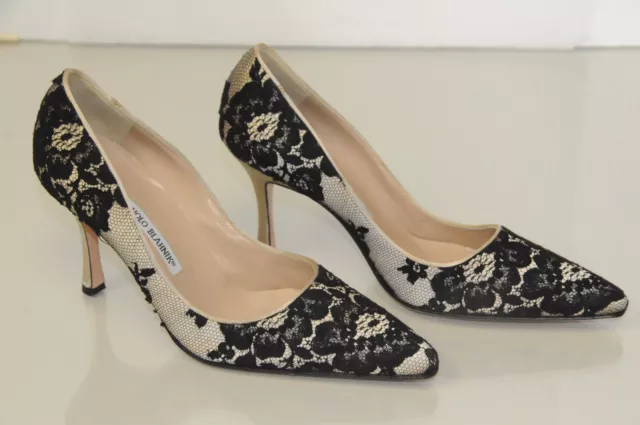 NEW Manolo Blahnik BB Newcio Black Lace on Nude Ivory Satin Shoes Pumps Heels 39 2