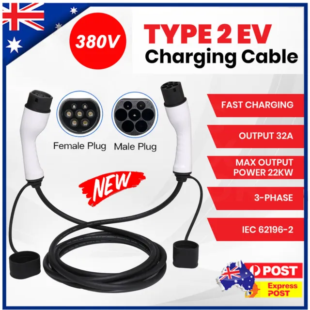 EV Power Cable Type 2 Universal Portable Charging 5M 32A 22kW 3-Phase Telsa BYD