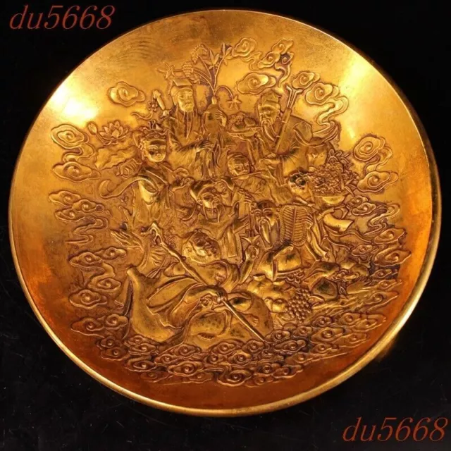 7.2"Chinese Ancient bronze 24k Gold Gilt Eight Immortals plate dish statue