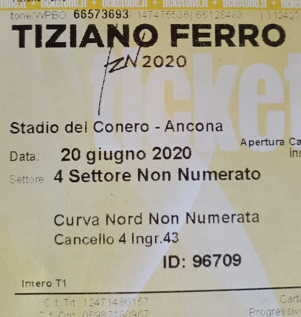 2 biglietti per Tiziano Ferro, Stadio Ancona, 8 luglio 2023