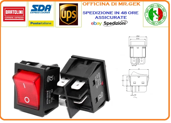 Kissmii Rosso illuminato a 4 pin, DPST ON/OFF, interruttore a bilanciere 16 A, 20 A, 250 V AC