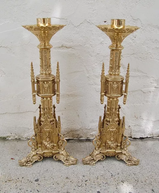 + Pair of French Gothic Altar Candlesticks + 22" tall + (#41) + chalice co.
