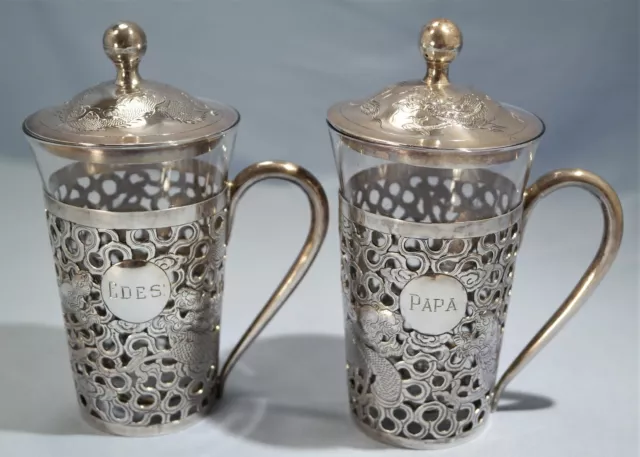 Hong Kong Chinese Sterling Silver Reticulated Pair of Tea Glass Holders Tackhing