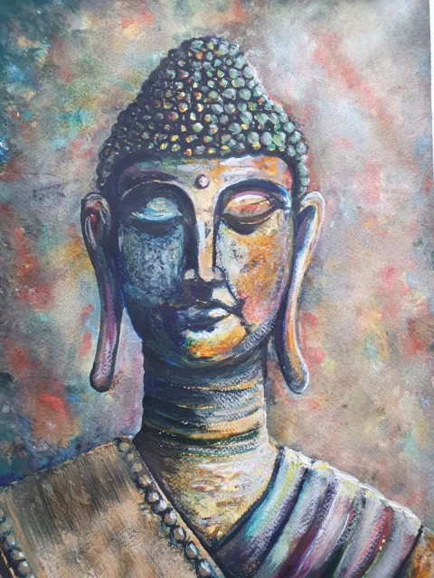 Large ORIGINAL new signed contemporary watercolour ART PAINTING  of Buddha head