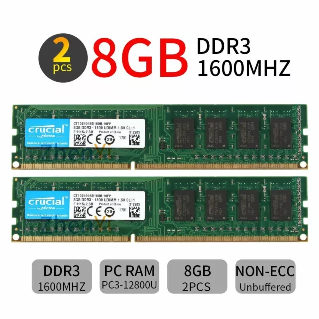 16GB 2x 8GB 4GB 2GB DDR3 PC3-12800U 1600MHz  DIMM Desktop RAM For Crucial LOT BT