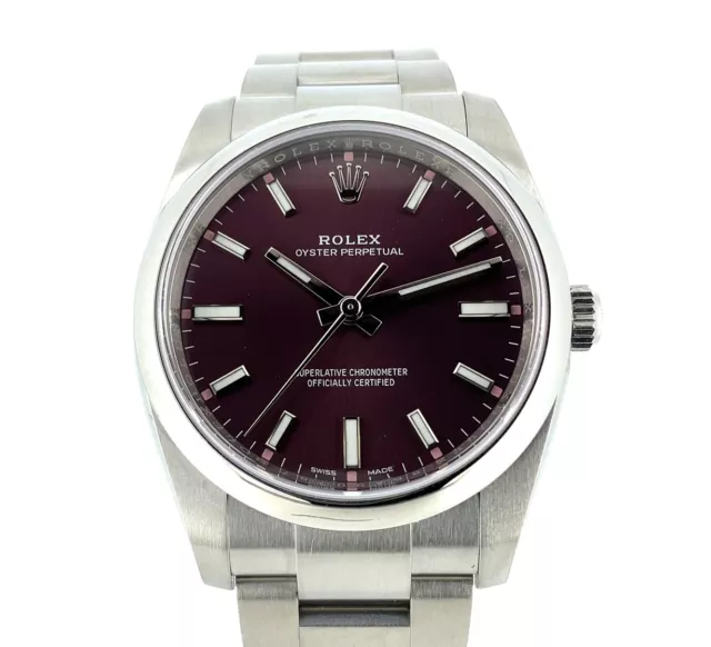 Rolex Oyster Perpetual 114200 Red Grape Dial 34mm Stainless Steel Watch