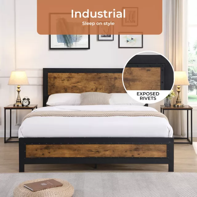 Levede Bed Frame Double Queen Metal Mattress Base Storage Wooden Industrial 3