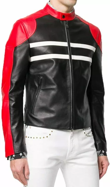 Hombre Elegante Piel de Oveja Chaqueta Auténtica Cremallera Moto Ajustado -004