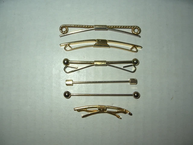 6 Assorted Vintage Estate Goldtone Men's Shirt Collar Bar Clips 1 3/4" - 2 1/2"