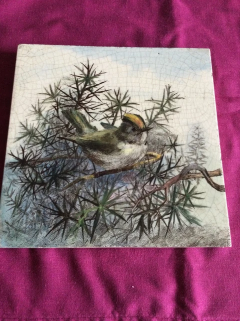 ANTIQUE MINTON PRINTED AND PAINTED TILE WITH GOLDCREST c.1890 L.T.SWETNAM