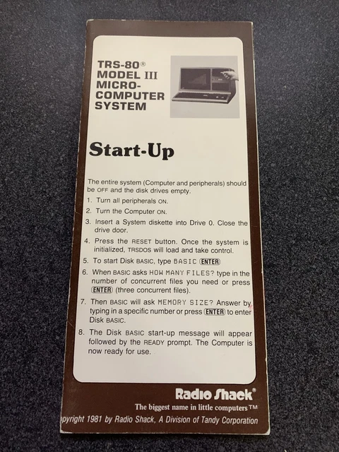 Vintage TRS-80 MODEL III Micro-Computer System Start-Up Pamphlet Reference Card