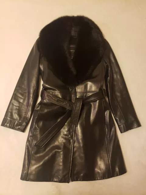 $3K Andrew Marc Jet Black Long Supple Faux Leather Cashmere Fox Fur Coat Size XS