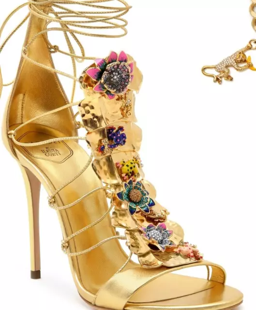 38/8❤️$2000 CASADEI METALLIC GOLD LEATHER Gladiator CRYSTAL HIGH HEEL SANDALS