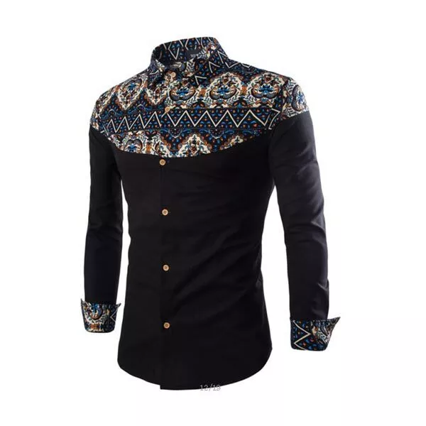 Long sleeve men's luxury stylish dress shirt slim fit casual tops floral formal