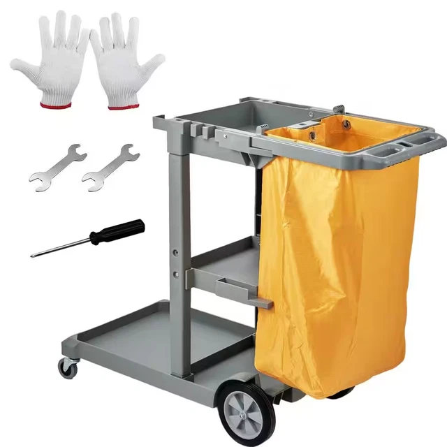 Janitorial Trolley Cleaning Cart with PVC Bag Cleaning Cart 3-Shelf for Offices,