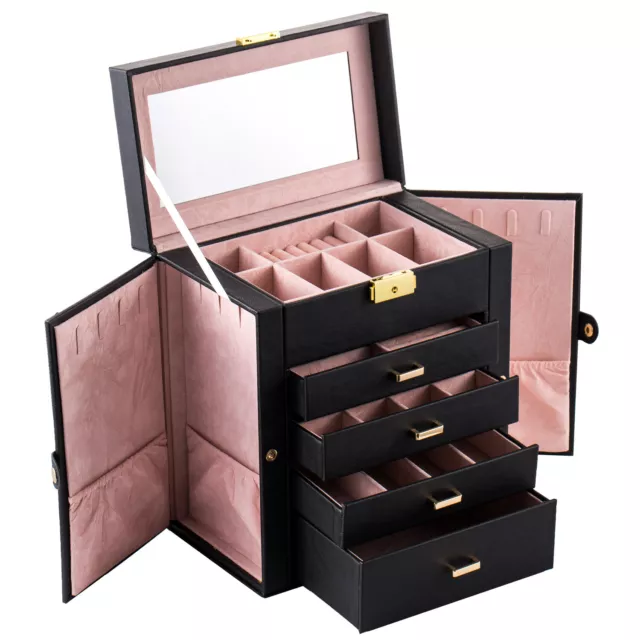 New Synthetic Leather Huge Jewelry Box Mirrored Watch Organizer Storage Lockable