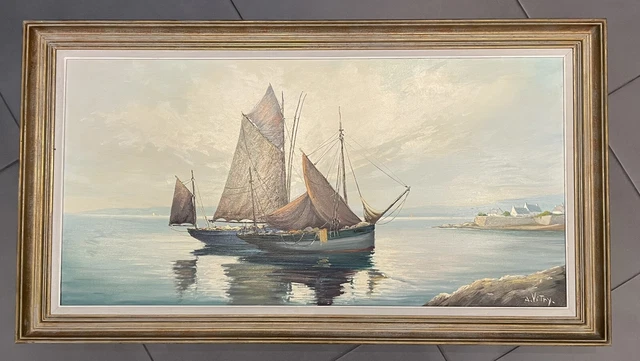 Tableau Peinture à l’huile sur toile Grand format Signé A Vitry Bateau Voilier