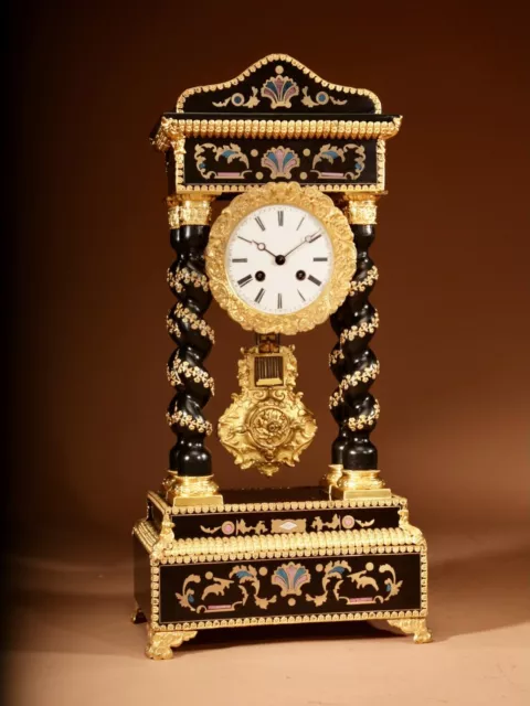 Exceptional Original Boulle Style and Gilded French Portico Clock circa 1870