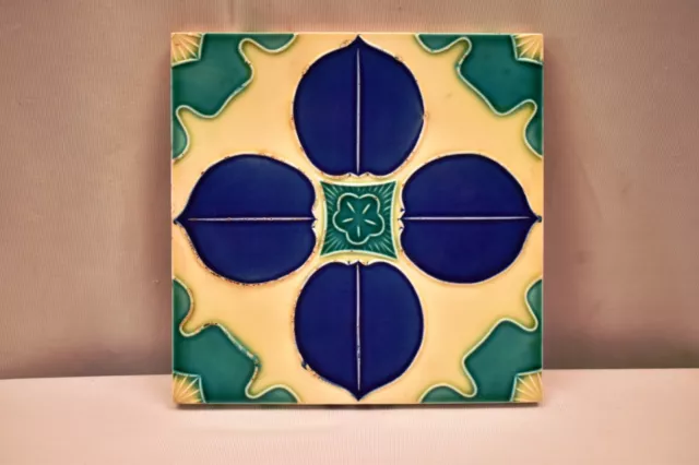 Vintage Japan Tile Majolica Art Nouveau Danto Kaisha Porcelain Blue Leaf Four"90