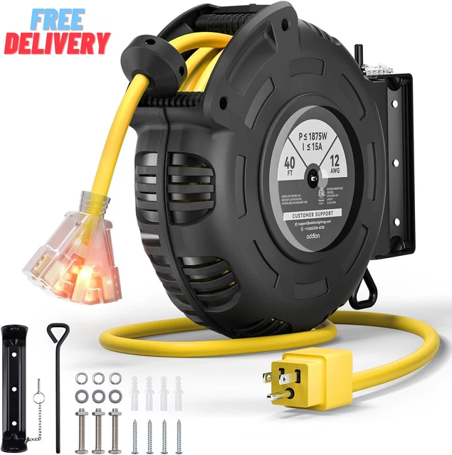 RETRACTABLE EXTENSION CORD Reel 40FT Heavy Duty 12 AWG Power Cord