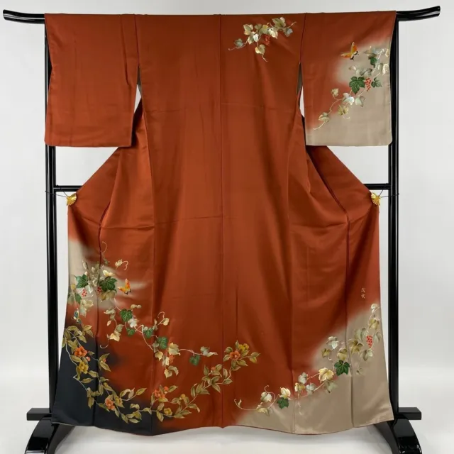 Japanese kimono  "HOUMONGI", Gold thread/Foil, Grapevine, Butterflies,5' 4".3452