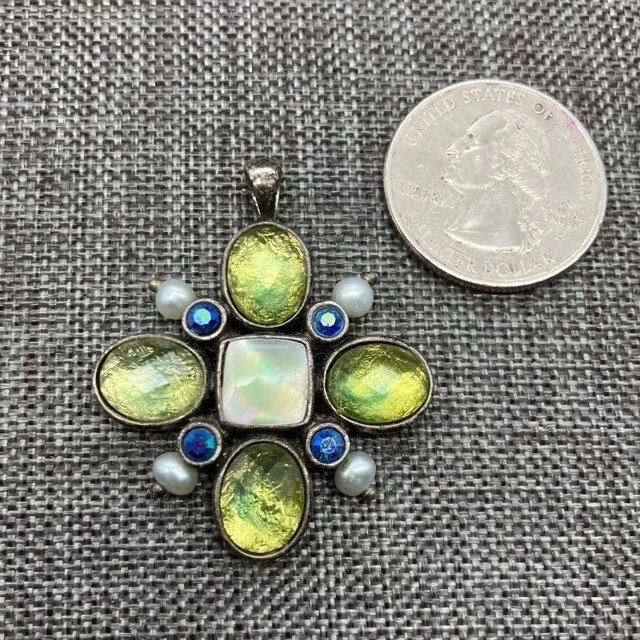 Lia Sophia Cross Pendant Green Blue Rhinestone Mother Of Pearl Silver Vintage