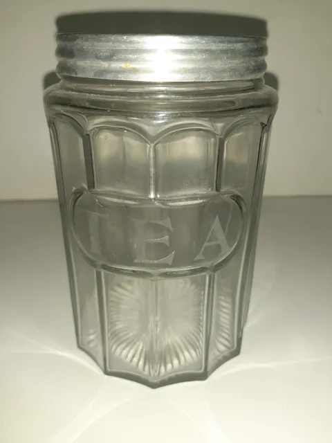 Vintage Hoosier Tea Canister Jar 5" Glass Ribbed Panel with EMBOSSED LETTERS
