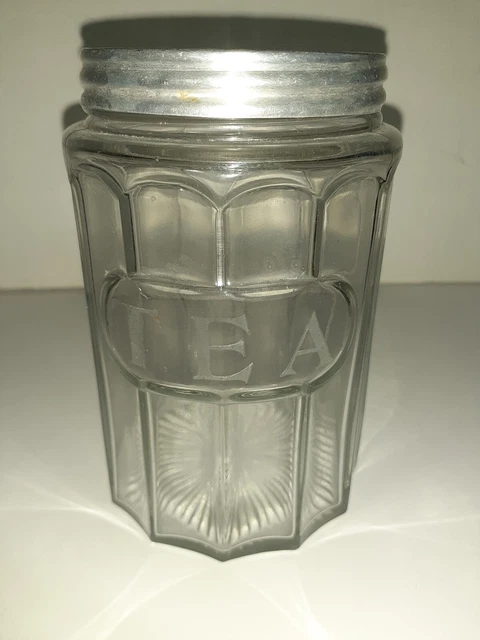 Vintage Hoosier Tea Canister Jar 5" Glass Ribbed Panel with EMBOSSED LETTERS