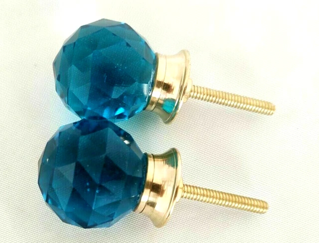 2 Pcs Set Diamond Style Victorian Glass & Brass Door Knob Handle Drawer Pulls 04