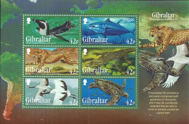 Gibraltar 2013 Mini Sheet Endangered Animals Penguin Cheetah Turtle Tuna