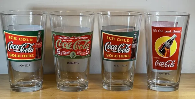 4 Coca Cola Libbey 16oz Vintage Advertising Glasses 1886-1919; 1930-49; 1950-59