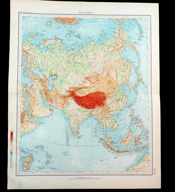 ITALIAN MAP OF Asia China Japan India Arabia Physical Geography Antique