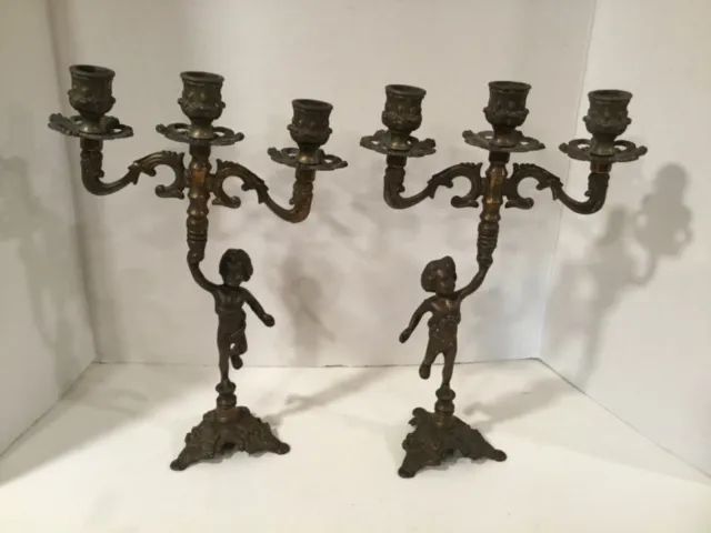 PAIR Antique Vtg Art Deco Nouveau cherub 12” Brass spelter  3 armed Candelabras