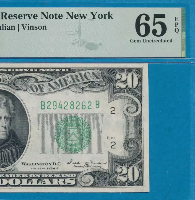 $20. 1934-B  New York Green Seal  Federal Reserve Note  Beautiful Gem 65Epq