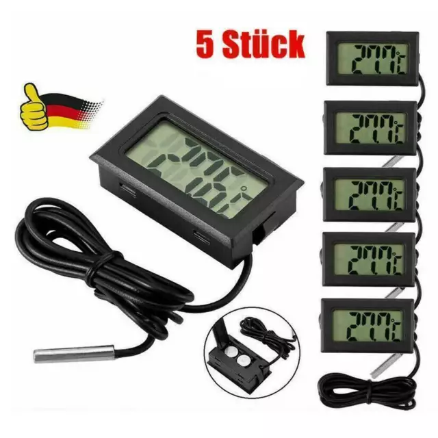 5x Mini Thermometer Temperatur LCD Anzeige digital mit Fühler 1m Kabel schwarz