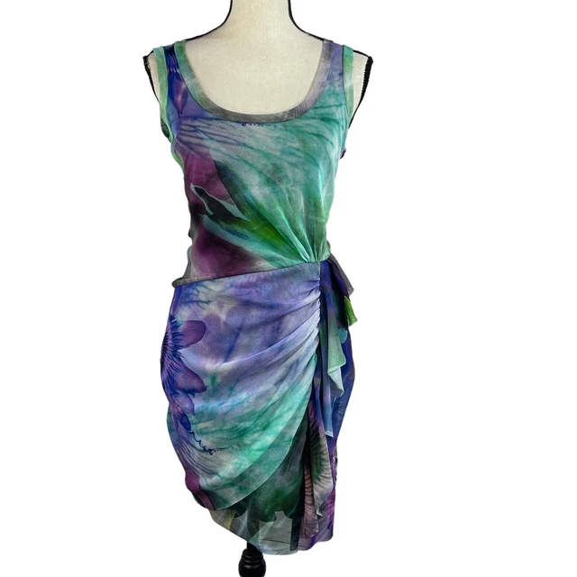 Elana Kattan Small Body-Con Dress Tie-Dye Floral Sleeveless Stretch Scoop Neck