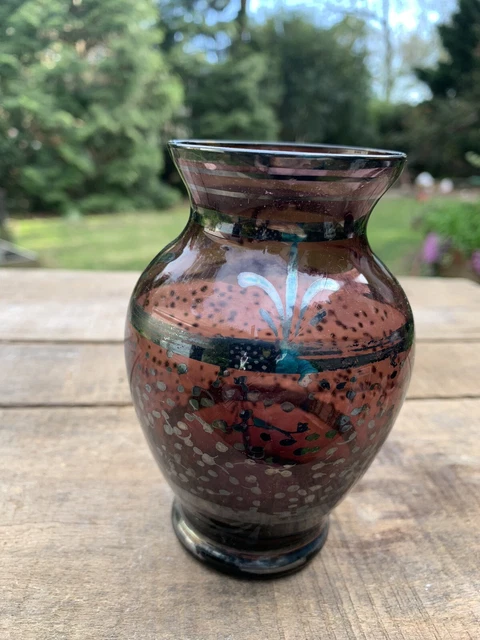 Vintage Purple Amethyst Plum Glass Vase Silver Overlay Fleur-De-Lis Polka Dot￼