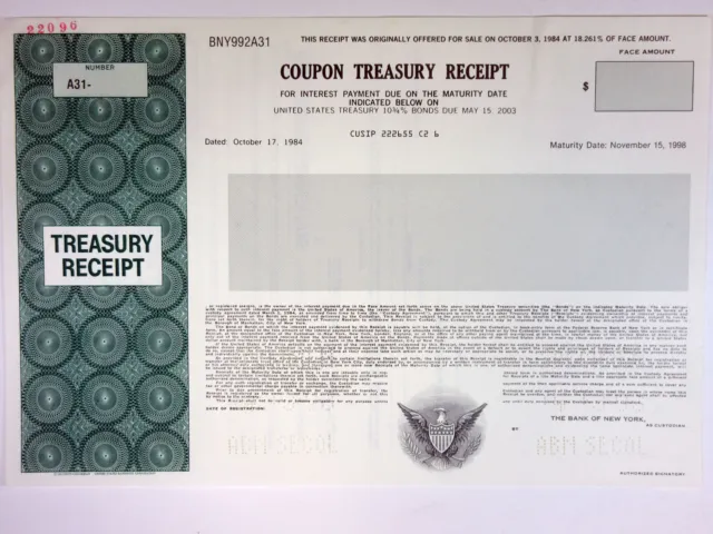 Coupon Treasury Receipt, 1993 $Odd  Specimen 10 3/4% Bond, XF SCUSBNC