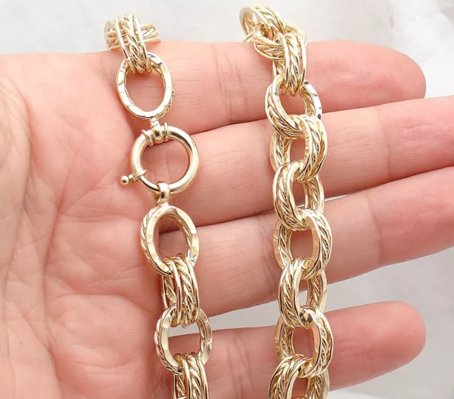 Technibond Hammered Triple Oval Chain Necklace 14K Yellow Gold Plated Silver