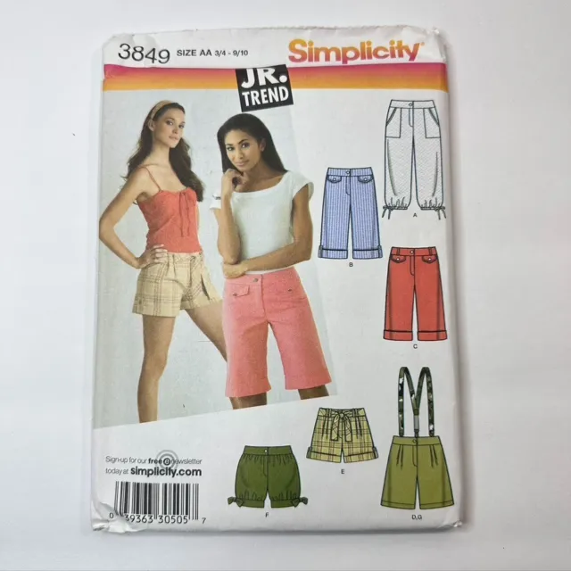 3849 Simplicity Jr Misses Cropped Pants Shorts Sewing Pattern Sz  3-10 Uncut