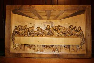 ✟ Vintage Large Wooden Hand Carved Last Supper Jesus Patron Saint Wall Relief ✟