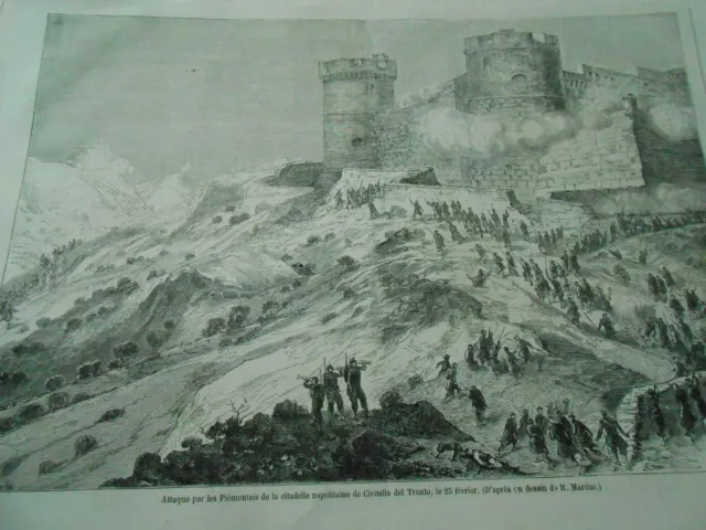 Gravure 1861 Attaque par les Piémontais de la citadelle Napolitaine de Civitella